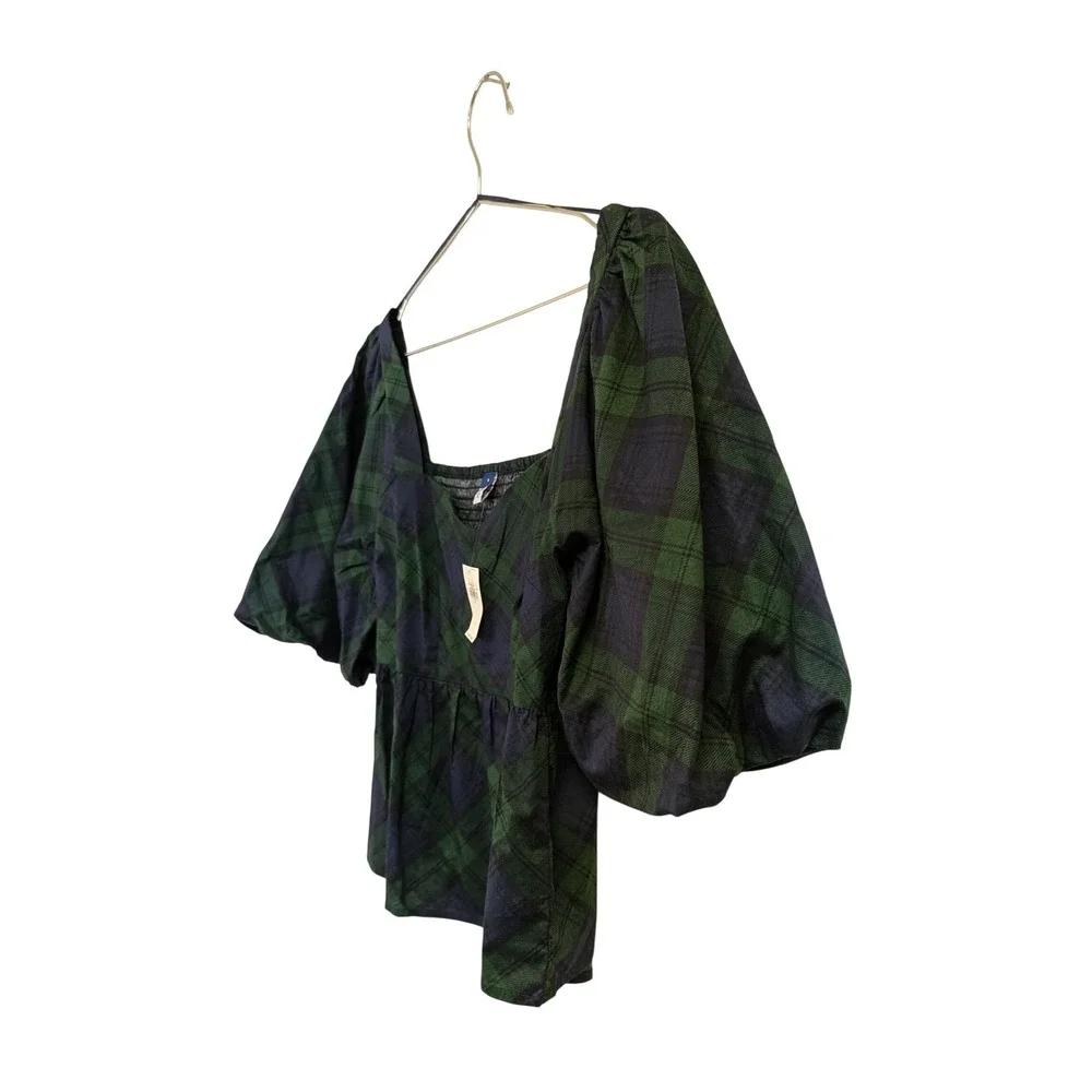 Old Navy Puff Sleeve Poplin Peplum Top Smocked Holiday Plaid Blue Green S NWT